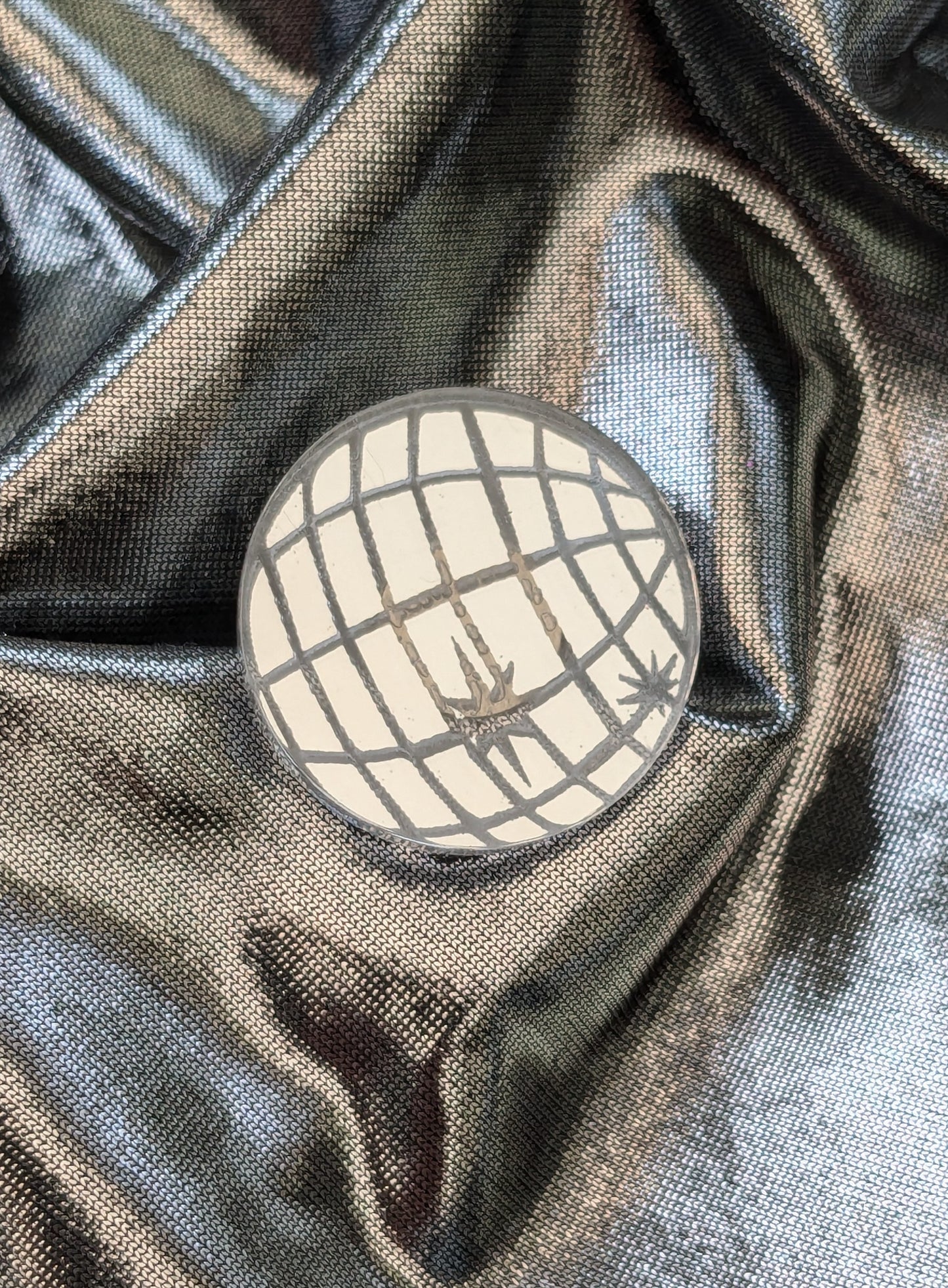 Mirrored Acrylic Disco Ball Pin on Silver Background