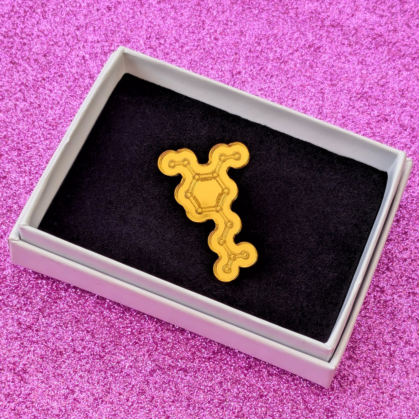 Gold acrylic dopamine molecule pin in box