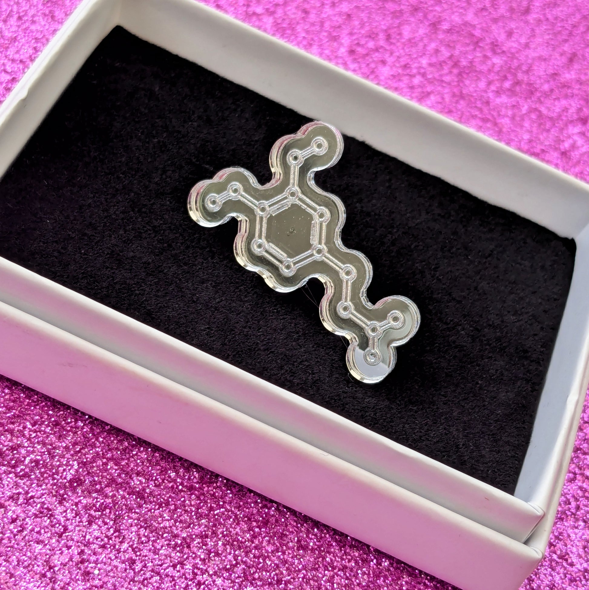 silver acrylic dopamine molecule pin in box