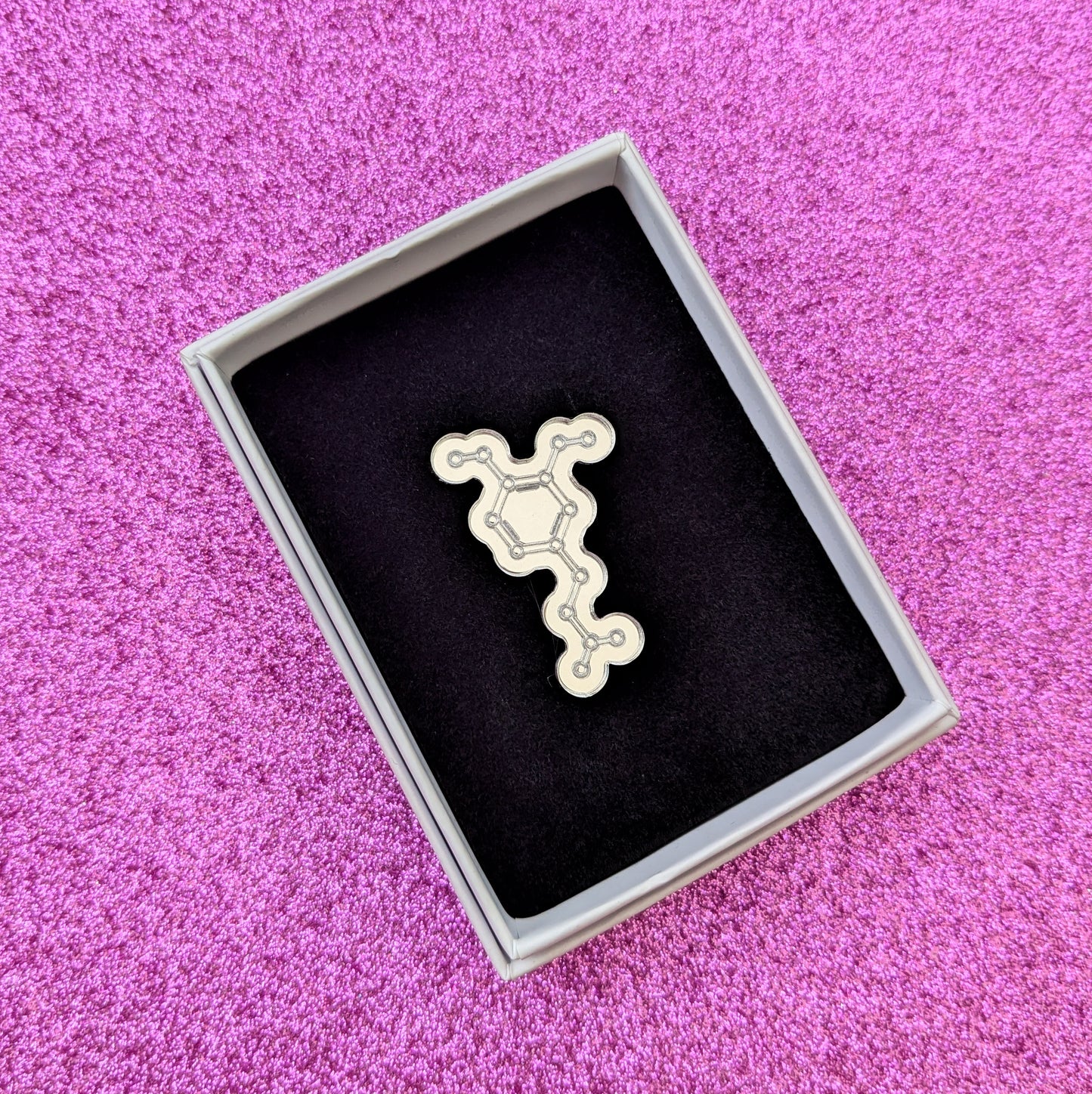 Silver acrylic dopamine molecule pin in box