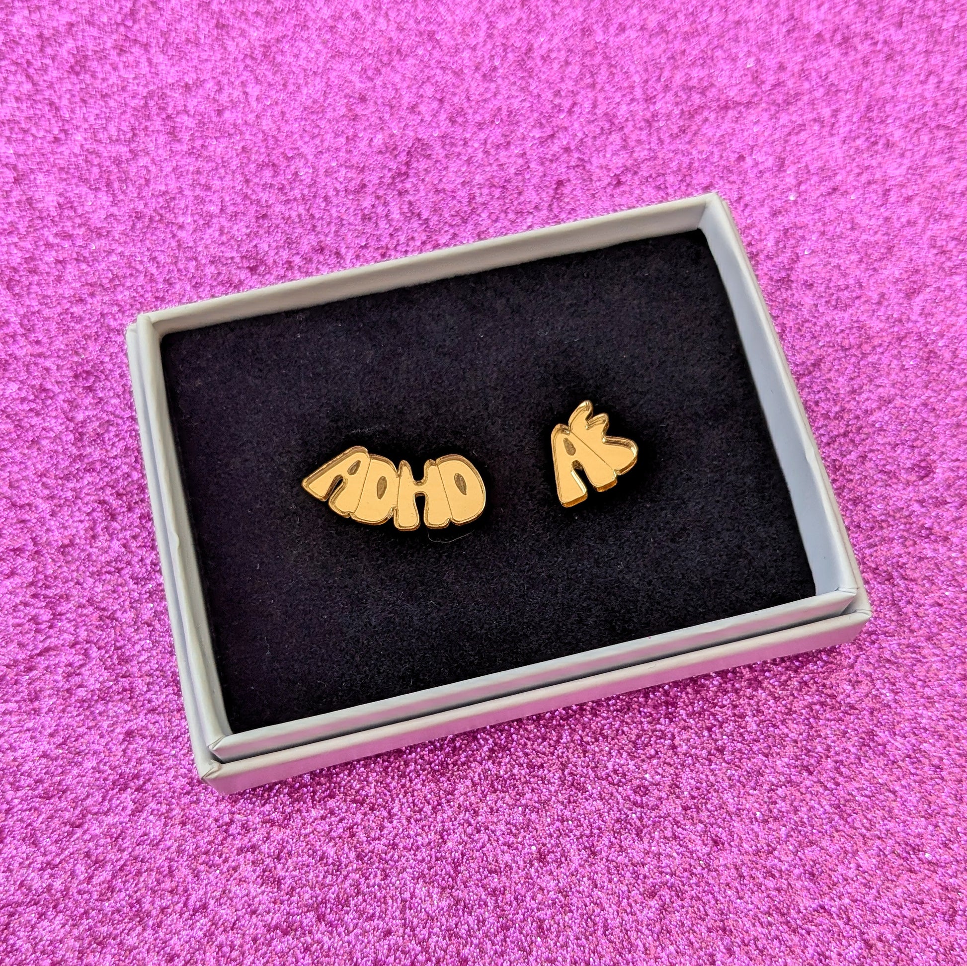 Small Gold ADHDAF Stud Earrings in box