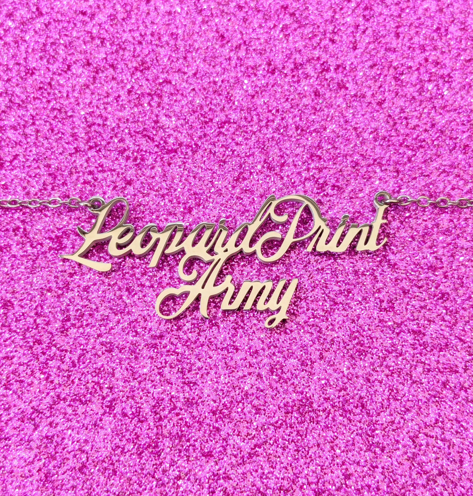 Close up Of Silver Leopard Print Army Necklace