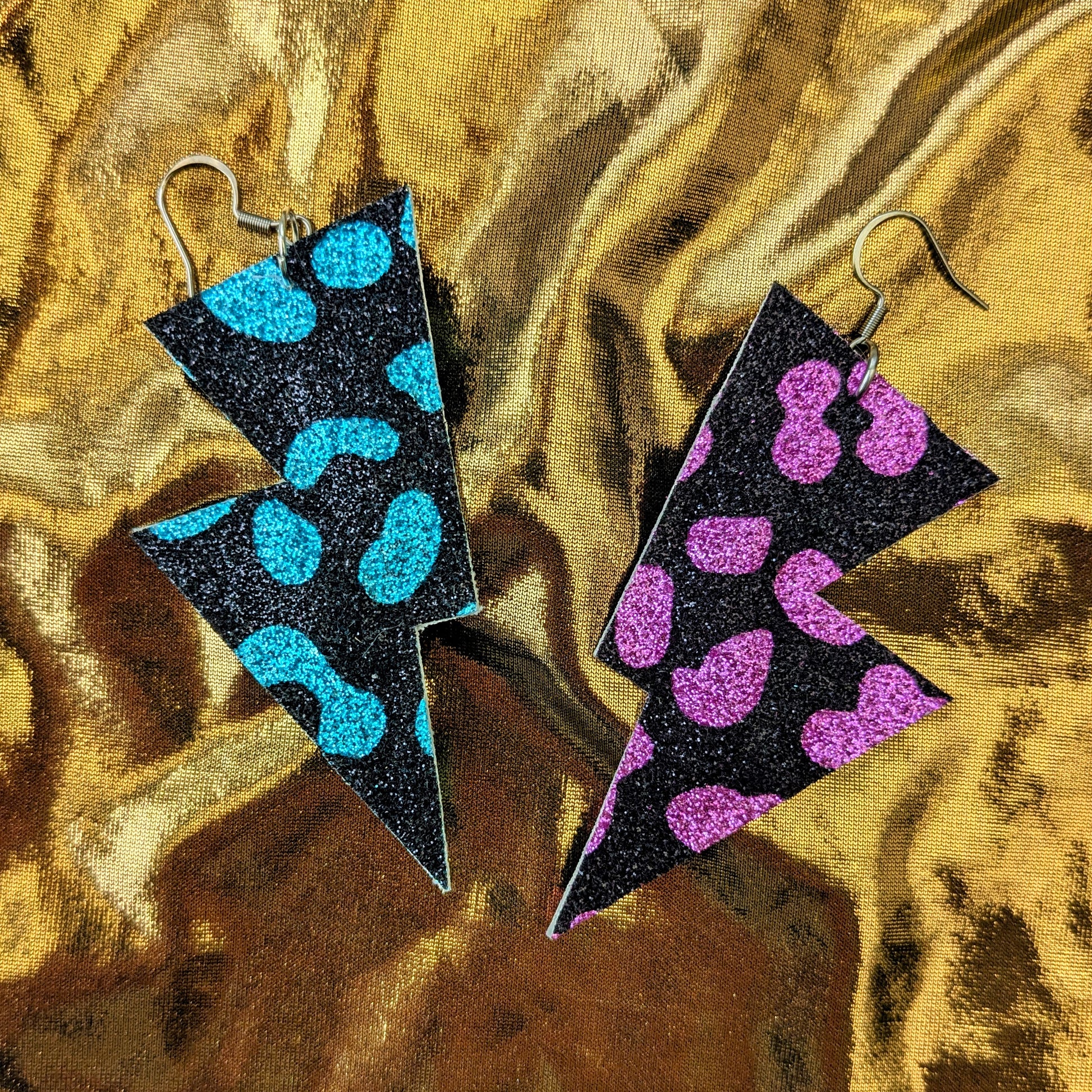 Medium Leopard Print lightning bolt earrings in Pink and turquoise  Edit alt text