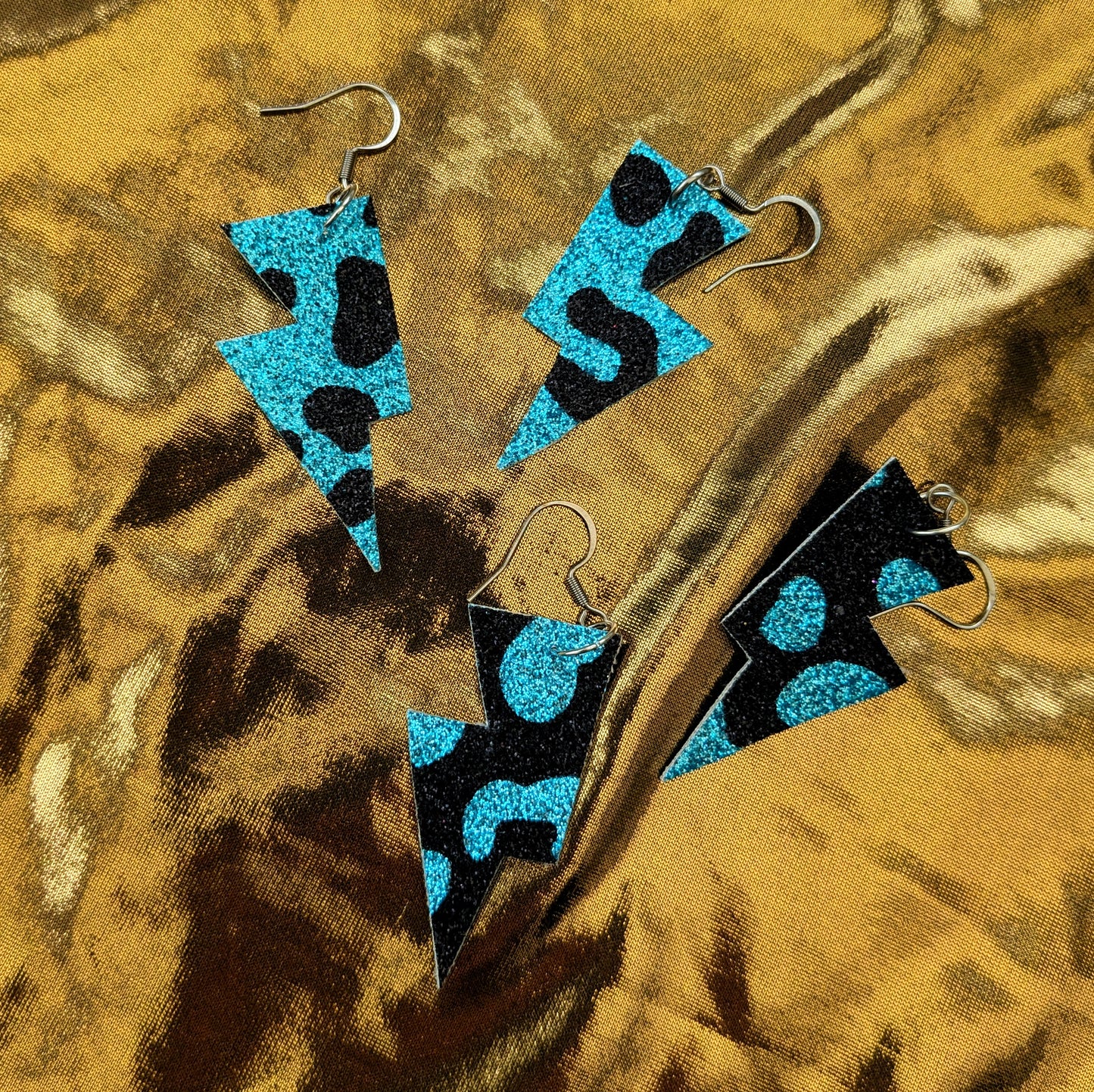 Small Leopard Print Lightning Bolt Earrings in Turquoise