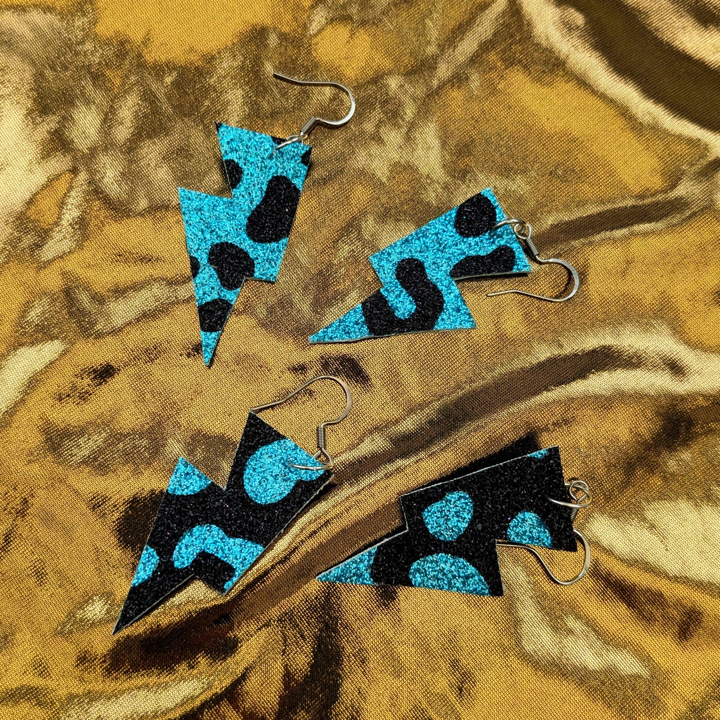 Small Leopard Print Lightning Bolt Earrings in Turquoise