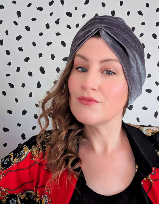 Gunmetal Silver Velour Velvet Gathered Party Turban