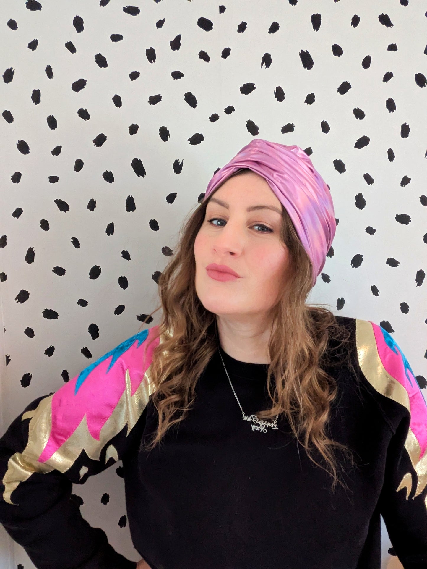 Pink Holographic Stretch Gathered Party Turban