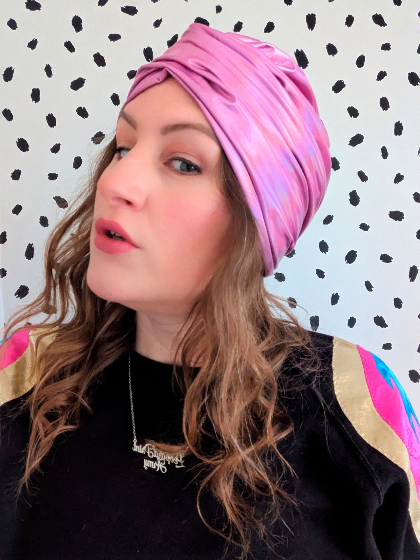 Pink Holographic Stretch Gathered Party Turban