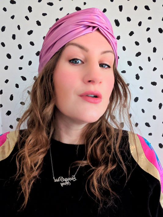 Pink Holographic Stretch Gathered Party Turban