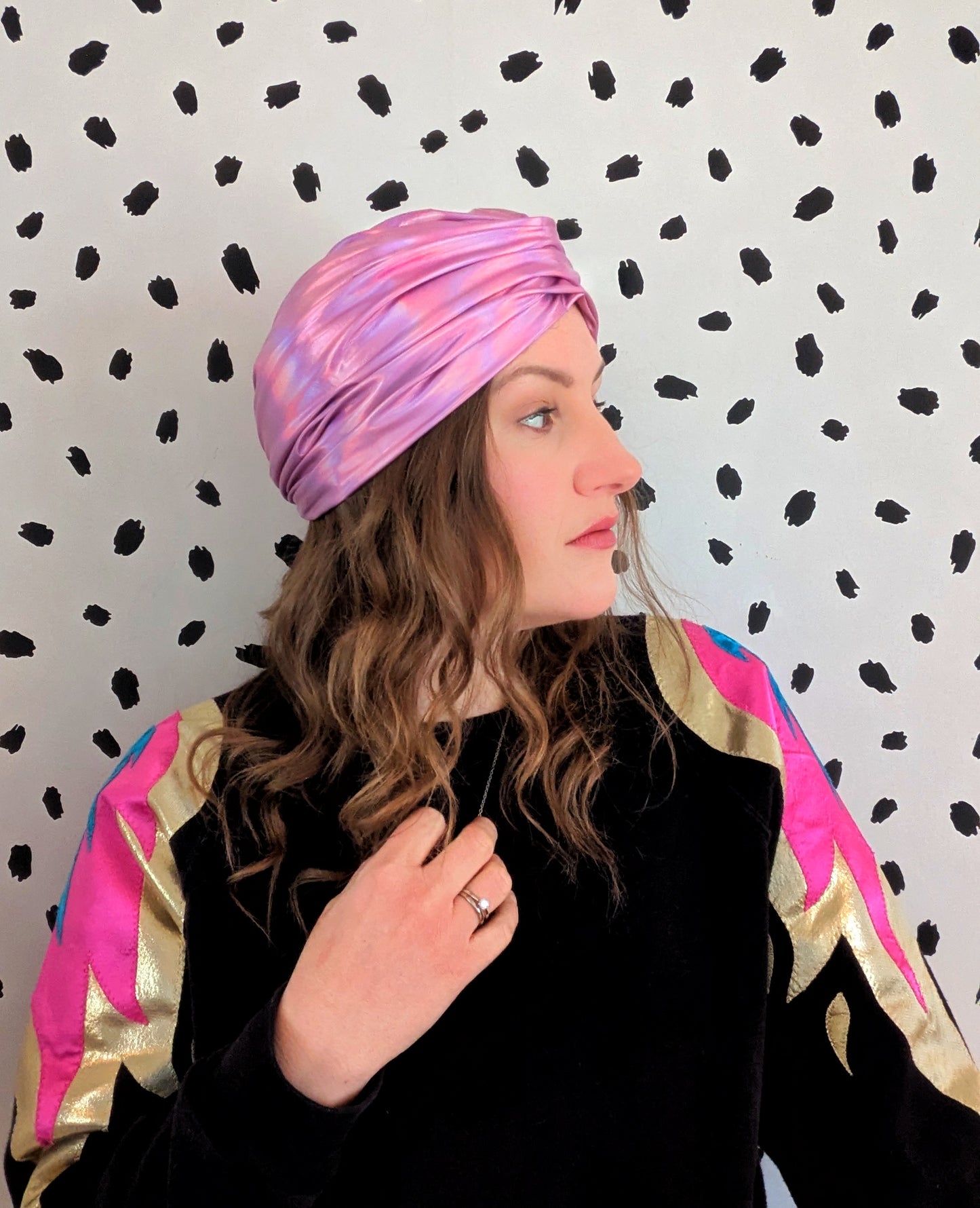 Pink Holographic Stretch Gathered Party Turban