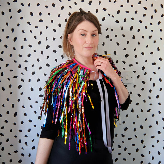 Model Wearing Rainbow Tinsel Disco Party Festival Cape