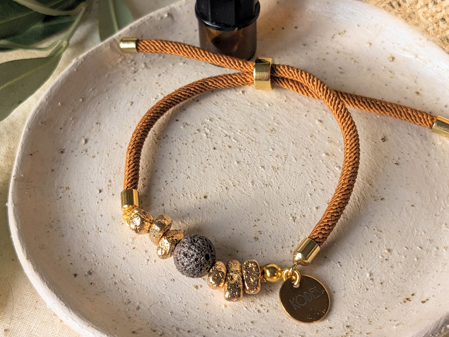 Grounded – Caramel Aromatherapy Essential Oil Diffuser Bracelet with Lava Bead and Gold Hematite Stones