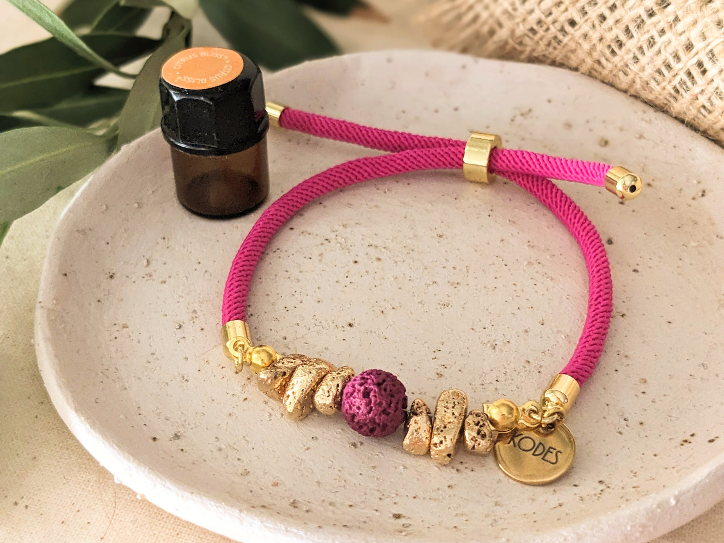 Harmony – Magenta Aromatherapy Essential Oil Diffuser Bracelet with Lava Bead and Gold Hematite Stones