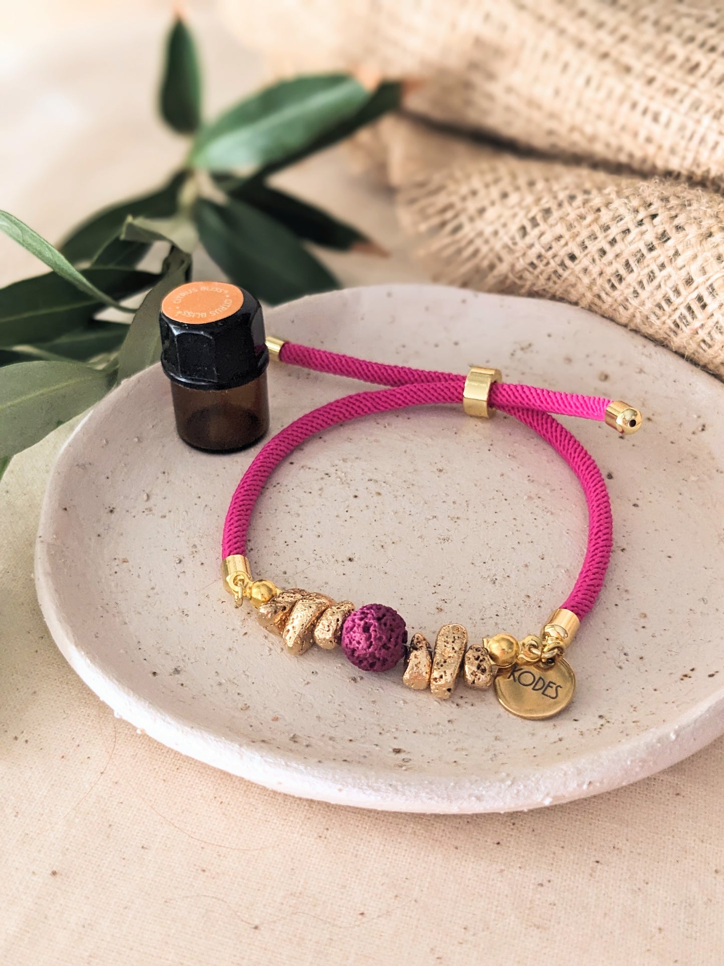 Harmony – Magenta Aromatherapy Essential Oil Diffuser Bracelet with Lava Bead and Gold Hematite Stones