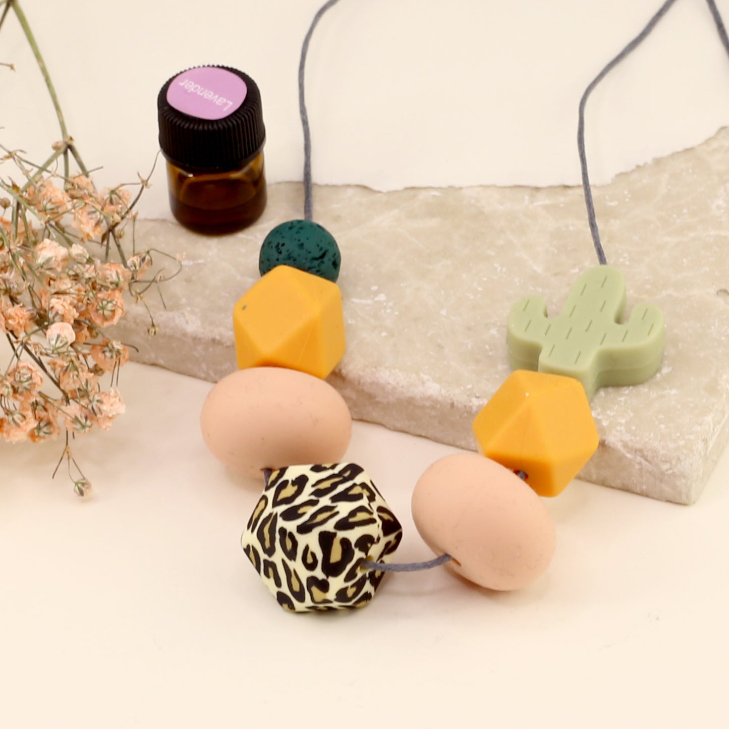 Essential Oil Diffuser Leopard, Peach & Cactus Silicone Necklace