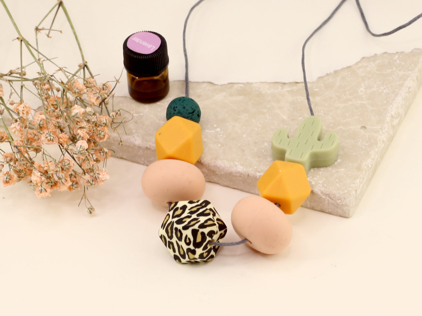 Essential Oil Diffuser Leopard, Peach & Cactus Silicone Necklace