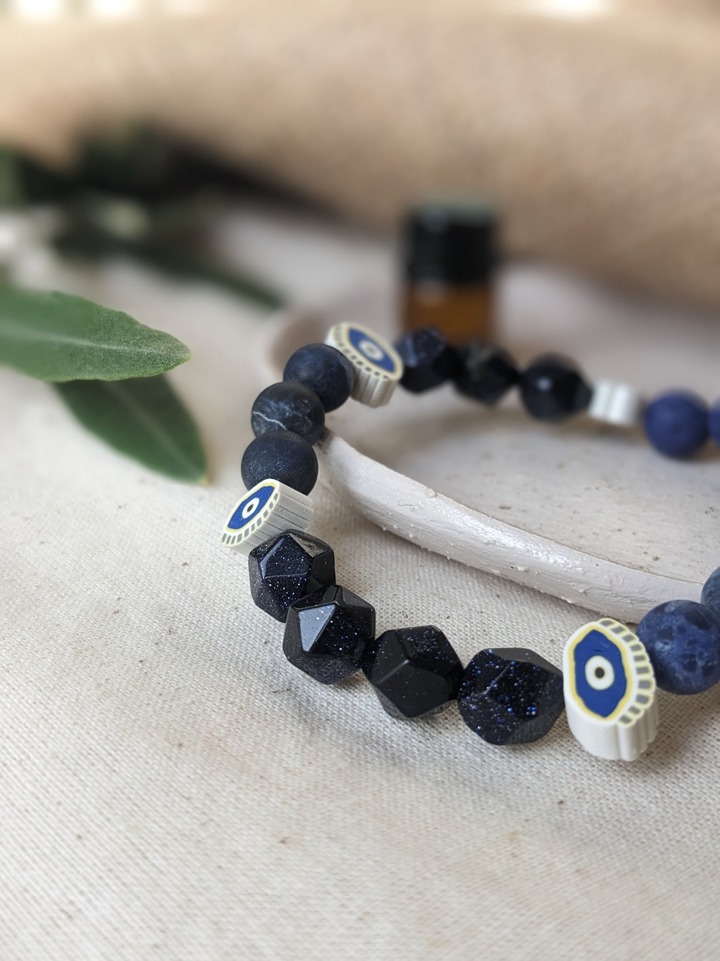 Aromatherapy Essential Oil Diffuser Evil Eye, Sodalite, Blue Sandstone & lava beads gemstone beaded bracelet