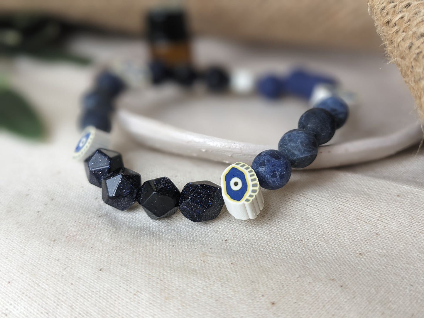 Aromatherapy Essential Oil Diffuser Evil Eye, Sodalite, Blue Sandstone & lava beads gemstone beaded bracelet