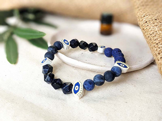 Aromatherapy Essential Oil Diffuser Evil Eye, Sodalite, Blue Sandstone & lava beads gemstone beaded bracelet