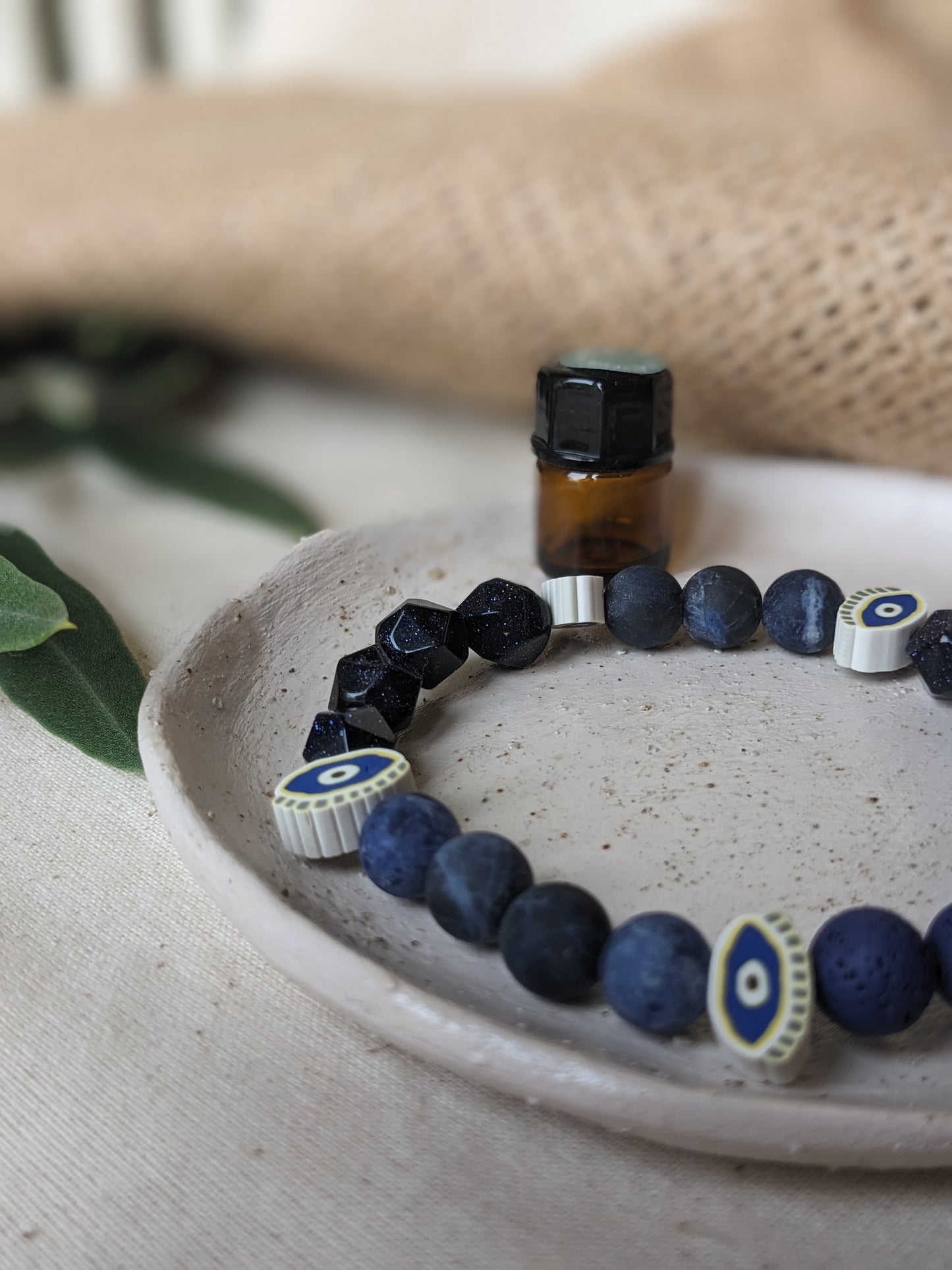 Aromatherapy Essential Oil Diffuser Evil Eye, Sodalite, Blue Sandstone & lava beads gemstone beaded bracelet