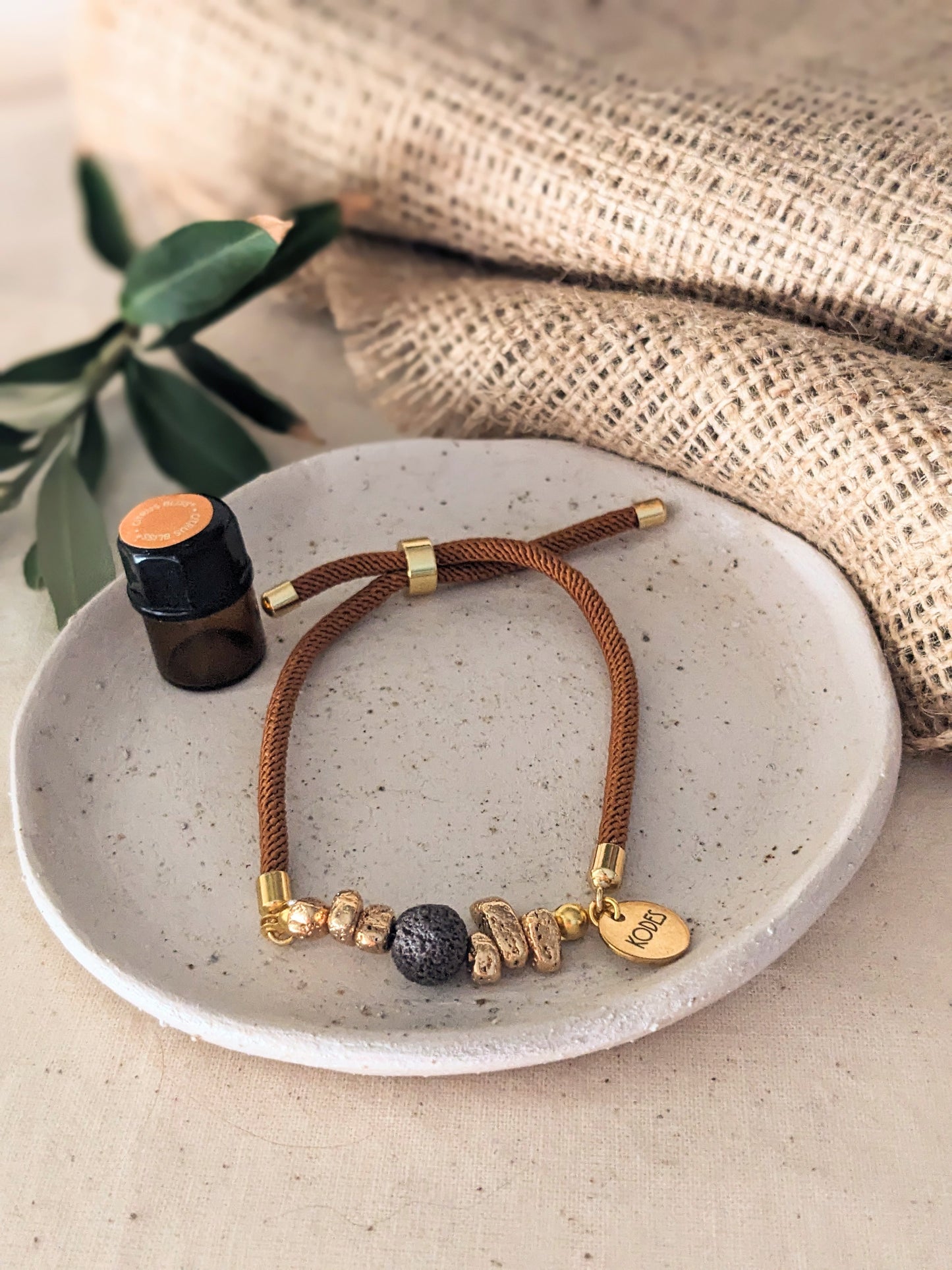 Grounded – Caramel Aromatherapy Essential Oil Diffuser Bracelet with Lava Bead and Gold Hematite Stones