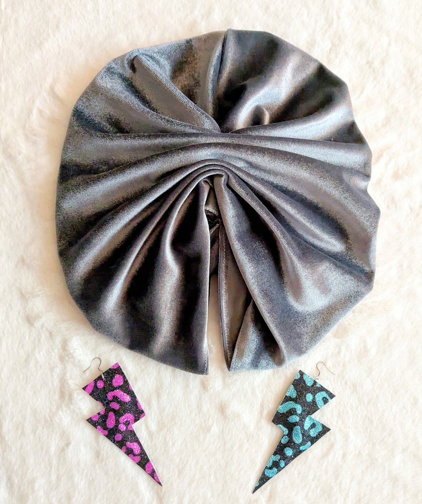 Gunmetal Silver Velour Velvet Gathered Party Turban