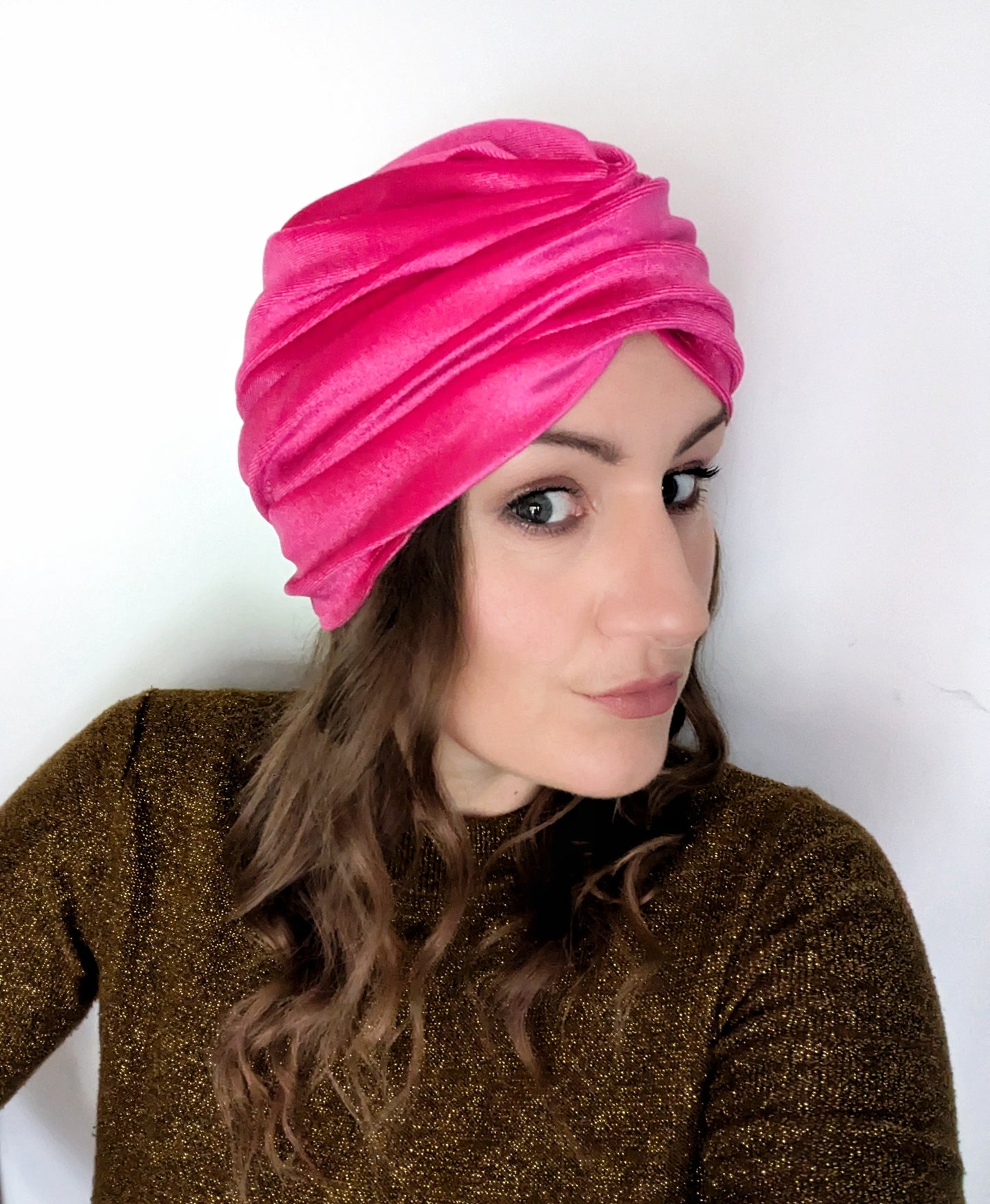 Hot Pink Velour Velvet Gathered Party Turban