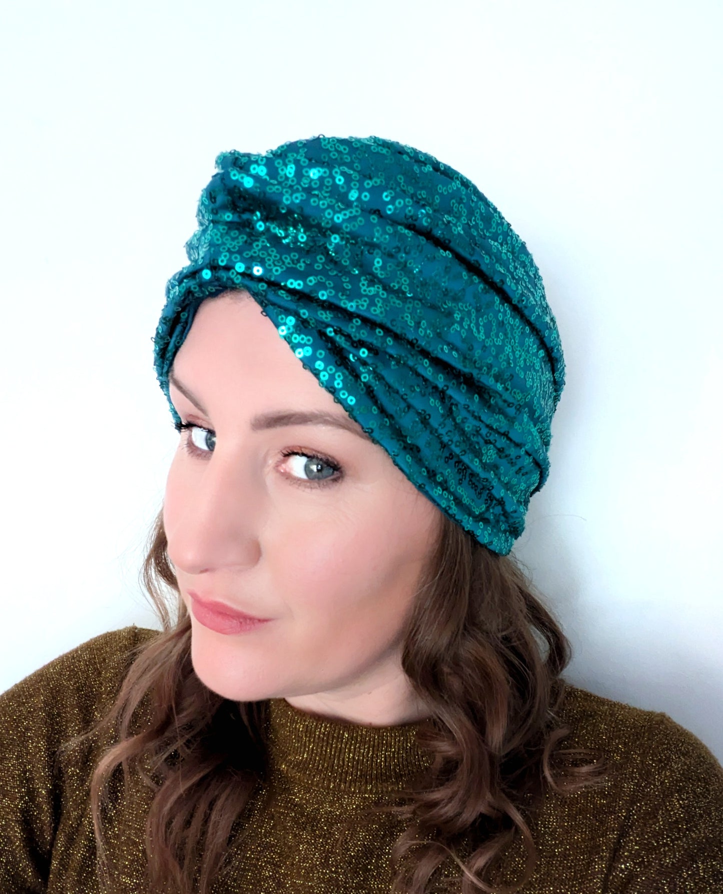 Teal Sequin Gathered Party Turban