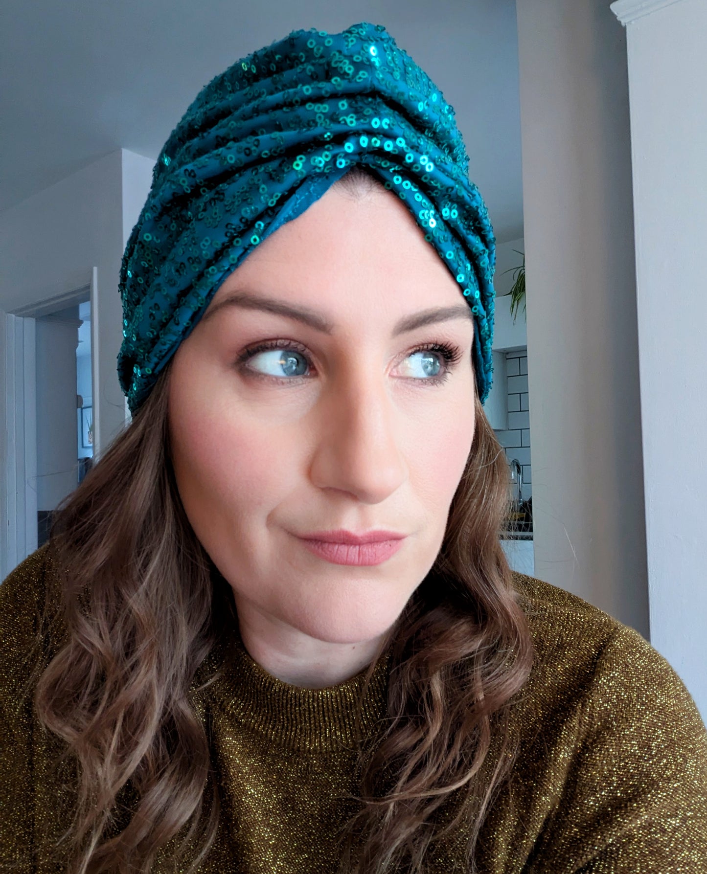 Teal Sequin Gathered Party Turban