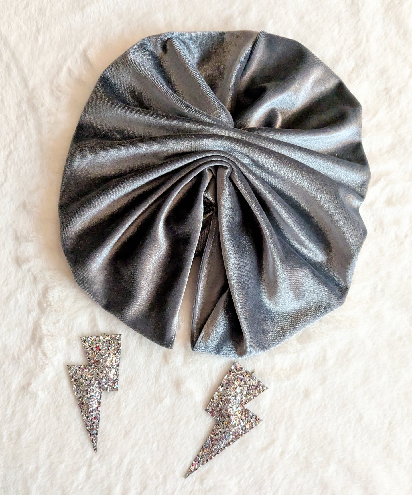 Gunmetal Silver Velour Velvet Gathered Party Turban