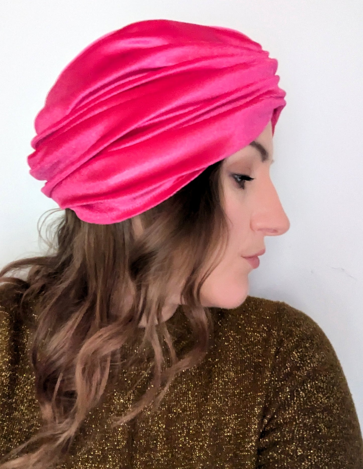 Hot Pink Velour Velvet Gathered Party Turban