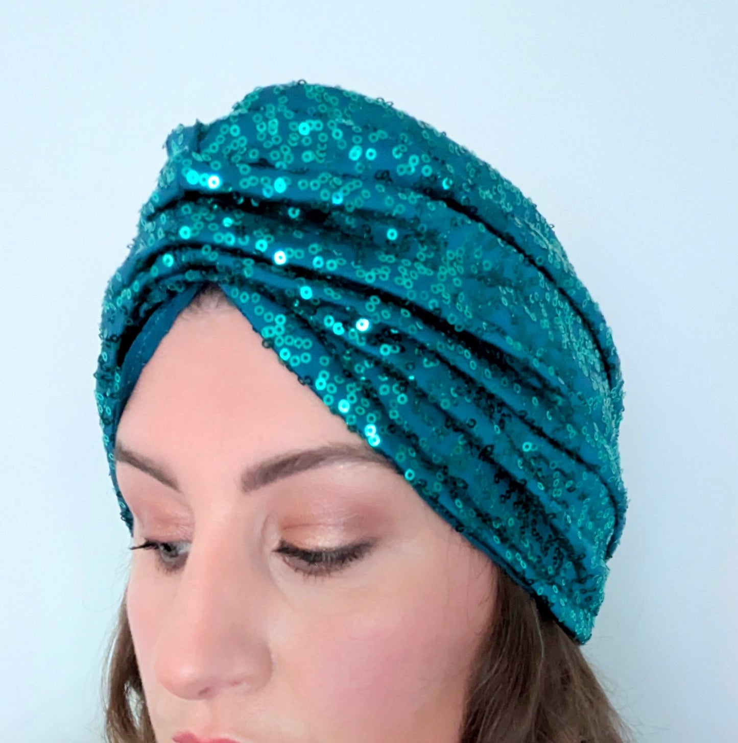 Teal Sequin Gathered Party Turban